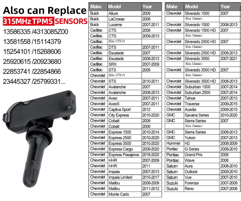 SEINECA 13598771 315MHz Preprogrammed Tire Sensor Compatible with Chevy GMC &Other GM Vehicles- Silverado Tahoe Sierra Yukon Escalade, Snap-in Tire Pressure Monitoring System (TPMS) Sensor Rubber Valve Stem - Image 4